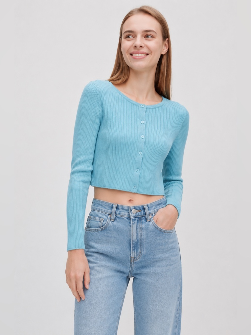 UNIQLO NWT UV Protection Ribbed Cropped Cardigan Blue Women Size L